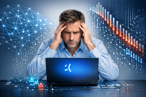 Photorealistic image for a professional LinkedIn post. depicting the concept of "Windows 11 Boot Failures: The Update Cascade Effect". centered composition with the subject in the middle. clean studio lighting. minimal clean background. using professional brand colors. conveying a professional and trustworthy mood. incorporating visual elements like neural network, data visualization, artificial intelligence. No text, letters, or watermarks in the image. High quality, suitable for business marketing.