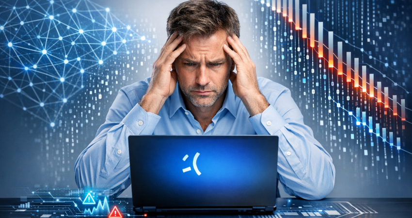 Photorealistic image for a professional LinkedIn post. depicting the concept of "Windows 11 Boot Failures: The Update Cascade Effect". centered composition with the subject in the middle. clean studio lighting. minimal clean background. using professional brand colors. conveying a professional and trustworthy mood. incorporating visual elements like neural network, data visualization, artificial intelligence. No text, letters, or watermarks in the image. High quality, suitable for business marketing.