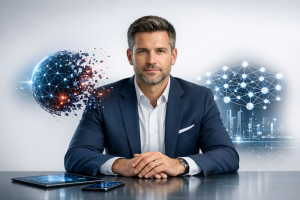 Photorealistic image for a professional LinkedIn post. depicting the concept of "OpenAI Just Killed GPT-4o: What Your Business Should Do". centered composition with the subject in the middle. clean studio lighting. minimal clean background. using professional brand colors. conveying a professional and trustworthy mood. incorporating visual elements like innovation, neural network, digital transformation. No text, letters, or watermarks in the image. High quality, suitable for business marketing.