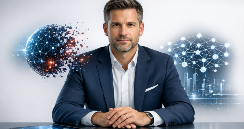 Photorealistic image for a professional LinkedIn post. depicting the concept of "OpenAI Just Killed GPT-4o: What Your Business Should Do". centered composition with the subject in the middle. clean studio lighting. minimal clean background. using professional brand colors. conveying a professional and trustworthy mood. incorporating visual elements like innovation, neural network, digital transformation. No text, letters, or watermarks in the image. High quality, suitable for business marketing.