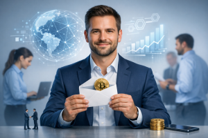 Photorealistic image for a professional LinkedIn post. depicting the concept of "Crypto Scammers Are Now Sending Physical Mail". centered composition with the subject in the middle. clean studio lighting. minimal clean background. using professional brand colors. conveying a professional and trustworthy mood. incorporating visual elements like teamwork, digital transformation, innovation. No text, letters, or watermarks in the image. High quality, suitable for business marketing.