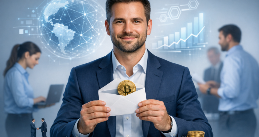 Photorealistic image for a professional LinkedIn post. depicting the concept of "Crypto Scammers Are Now Sending Physical Mail". centered composition with the subject in the middle. clean studio lighting. minimal clean background. using professional brand colors. conveying a professional and trustworthy mood. incorporating visual elements like teamwork, digital transformation, innovation. No text, letters, or watermarks in the image. High quality, suitable for business marketing.