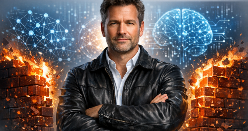 Photorealistic image for a professional LinkedIn post. depicting the concept of "Mad Liberator: How GenAI Breached 600 Firewalls". centered composition with the subject in the middle. clean studio lighting. minimal clean background. using professional brand colors. conveying a professional and trustworthy mood. incorporating visual elements like artificial intelligence, neural network, machine learning. No text, letters, watermarks, brand names, logos, or trademarks in the image. High quality, suitable for business marketing.