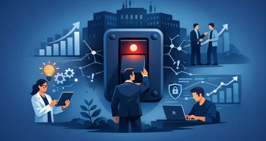 Flat design vector-style image for a professional LinkedIn post. depicting the concept of "UMMC Went Dark: Why The "Kill Switch" Is Your Last Resort". centered composition with the subject in the middle. clean studio lighting. smooth gradient background. using professional brand colors. conveying a innovative and modern mood. incorporating visual elements like growth charts, teamwork, innovation. No text, letters, watermarks, brand names, logos, or trademarks in the image. High quality, suitable for business marketing.