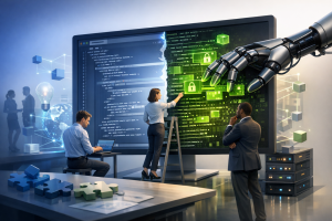 3D rendered image for a professional LinkedIn post. depicting the concept of "The Code on Your Site Is Not Entirely Your Own". rule of thirds composition with subject offset. soft natural lighting. smooth gradient background. using professional brand colors. conveying a innovative and modern mood. incorporating visual elements like teamwork, digital transformation, innovation. No text, letters, watermarks, brand names, logos, or trademarks in the image. High quality, suitable for business marketing.