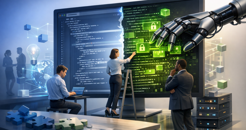 3D rendered image for a professional LinkedIn post. depicting the concept of "The Code on Your Site Is Not Entirely Your Own". rule of thirds composition with subject offset. soft natural lighting. smooth gradient background. using professional brand colors. conveying a innovative and modern mood. incorporating visual elements like teamwork, digital transformation, innovation. No text, letters, watermarks, brand names, logos, or trademarks in the image. High quality, suitable for business marketing.