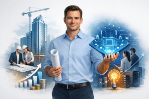 Digital illustration for a professional LinkedIn post. depicting the concept of "Is Your IT Blueprint as Solid as Your Building?". centered composition with the subject in the middle. clean studio lighting. minimal clean background. using professional brand colors. conveying a professional and trustworthy mood. incorporating visual elements like growth charts, teamwork, innovation. No text, letters, watermarks, brand names, logos, or trademarks in the image. High quality, suitable for business marketing.