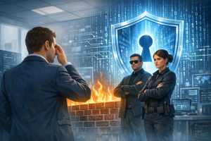 Digital illustration for a professional LinkedIn post. depicting the concept of "When Your Security Team Becomes the 'Dept. of No'". rule of thirds composition with subject offset. soft natural lighting. contextual background relevant to the subject. using professional brand colors. conveying a professional and trustworthy mood. incorporating visual elements like digital shield, binary code, firewall. No text, letters, watermarks, brand names, logos, or trademarks in the image. High quality, suitable for business marketing.