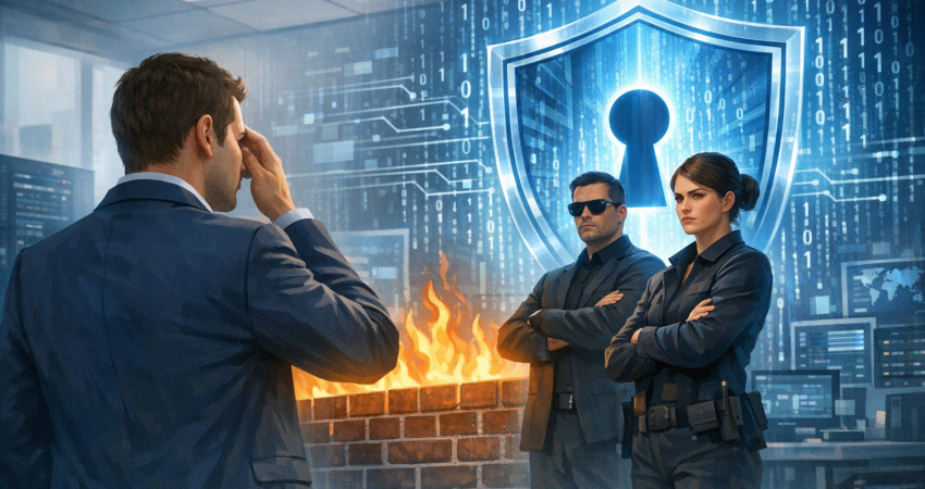 Digital illustration for a professional LinkedIn post. depicting the concept of "When Your Security Team Becomes the 'Dept. of No'". rule of thirds composition with subject offset. soft natural lighting. contextual background relevant to the subject. using professional brand colors. conveying a professional and trustworthy mood. incorporating visual elements like digital shield, binary code, firewall. No text, letters, watermarks, brand names, logos, or trademarks in the image. High quality, suitable for business marketing.