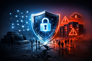 3D rendered image for a professional LinkedIn post. depicting the concept of "20,000 Victims: Why Your Security Needs a Reality Check". wide shot showing the full scene. dramatic high-contrast lighting. minimal clean background. using professional brand colors. conveying a bold and attention-grabbing mood. incorporating visual elements like digital shield, lock icon, network nodes. No text, letters, watermarks, brand names, logos, or trademarks in the image. High quality, suitable for business marketing.