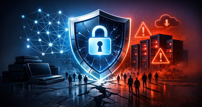 3D rendered image for a professional LinkedIn post. depicting the concept of "20,000 Victims: Why Your Security Needs a Reality Check". wide shot showing the full scene. dramatic high-contrast lighting. minimal clean background. using professional brand colors. conveying a bold and attention-grabbing mood. incorporating visual elements like digital shield, lock icon, network nodes. No text, letters, watermarks, brand names, logos, or trademarks in the image. High quality, suitable for business marketing.