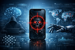 3D rendered image for a professional LinkedIn post. depicting the concept of "Your iPhone Is a Target: The DarkSword Exploit Explained". wide shot showing the full scene. clean studio lighting. contextual background relevant to the subject. using professional brand colors. conveying a professional and trustworthy mood. incorporating visual elements like machine learning, data visualization, artificial intelligence. No text, letters, watermarks, brand names, logos, or trademarks in the image. High quality, suitable for business marketing.