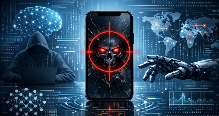 3D rendered image for a professional LinkedIn post. depicting the concept of "Your iPhone Is a Target: The DarkSword Exploit Explained". wide shot showing the full scene. clean studio lighting. contextual background relevant to the subject. using professional brand colors. conveying a professional and trustworthy mood. incorporating visual elements like machine learning, data visualization, artificial intelligence. No text, letters, watermarks, brand names, logos, or trademarks in the image. High quality, suitable for business marketing.