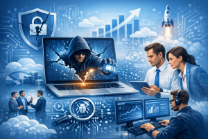 Digital illustration for a professional LinkedIn post. depicting the concept of "Infinity Stealer: Why Your Mac Isn't a Fortress". close-up detailed view. clean studio lighting. contextual background relevant to the subject. using blue and white professional color palette. conveying a professional and trustworthy mood. incorporating visual elements like teamwork, growth charts, innovation. No text, letters, watermarks, brand names, logos, or trademarks in the image. High quality, suitable for business marketing.