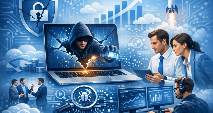 Digital illustration for a professional LinkedIn post. depicting the concept of "Infinity Stealer: Why Your Mac Isn't a Fortress". close-up detailed view. clean studio lighting. contextual background relevant to the subject. using blue and white professional color palette. conveying a professional and trustworthy mood. incorporating visual elements like teamwork, growth charts, innovation. No text, letters, watermarks, brand names, logos, or trademarks in the image. High quality, suitable for business marketing.