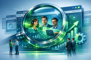 3D rendered image for a professional LinkedIn post. depicting the concept of "LinkedIn 'BrowserGate' Scans Your Team Browsers". close-up detailed view. clean studio lighting. minimal clean background. using cool blue and green tones. conveying a bold and attention-grabbing mood. incorporating visual elements like teamwork, digital transformation, growth charts. No text, letters, watermarks, brand names, logos, or trademarks in the image. High quality, suitable for business marketing.