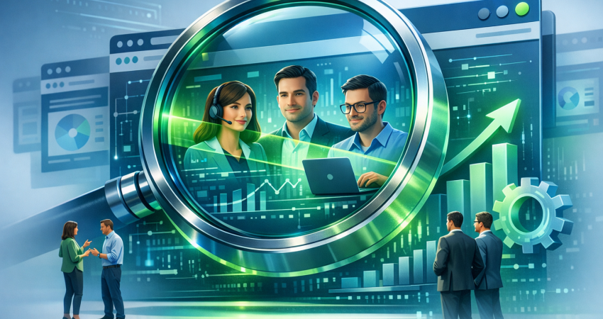 3D rendered image for a professional LinkedIn post. depicting the concept of "LinkedIn 'BrowserGate' Scans Your Team Browsers". close-up detailed view. clean studio lighting. minimal clean background. using cool blue and green tones. conveying a bold and attention-grabbing mood. incorporating visual elements like teamwork, digital transformation, growth charts. No text, letters, watermarks, brand names, logos, or trademarks in the image. High quality, suitable for business marketing.