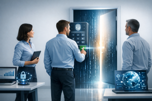 Photorealistic image for a professional LinkedIn post. depicting the concept of "That M365 Prompt: A Backdoor You're Approving". wide shot showing the full scene. clean studio lighting. minimal clean background. using professional brand colors. conveying a professional and trustworthy mood. incorporating visual elements like innovation, digital transformation, teamwork. No text, letters, watermarks, brand names, logos, or trademarks in the image. High quality, suitable for business marketing.