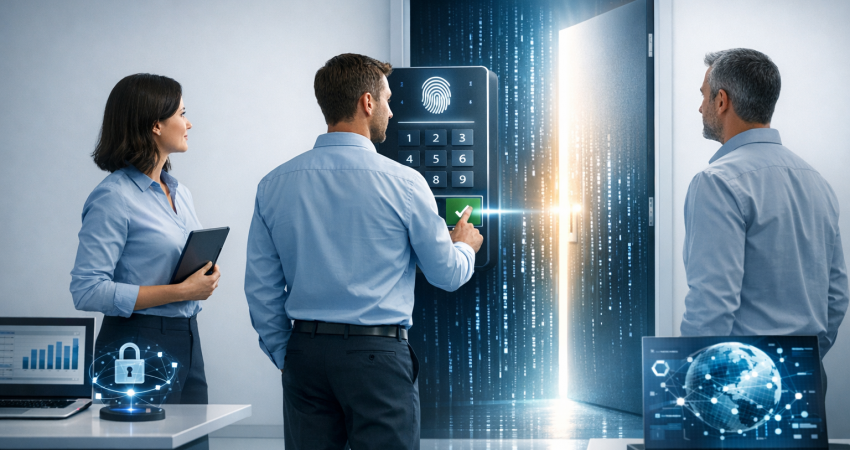 Photorealistic image for a professional LinkedIn post. depicting the concept of "That M365 Prompt: A Backdoor You're Approving". wide shot showing the full scene. clean studio lighting. minimal clean background. using professional brand colors. conveying a professional and trustworthy mood. incorporating visual elements like innovation, digital transformation, teamwork. No text, letters, watermarks, brand names, logos, or trademarks in the image. High quality, suitable for business marketing.